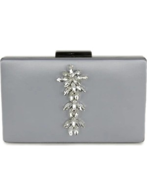 Biçanta Gri Renk Gümüş Kasalı Saten Abiye Çanta Gece Çantası Nişan Düğün Çantası El Çantası