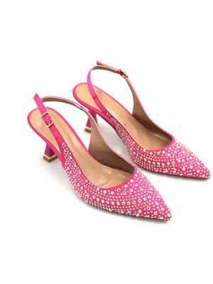 Prego (Park Moda) Burnu Kapalı Damla Taş Detaylı Topuklu Kadın Ayakkabı Fuşya