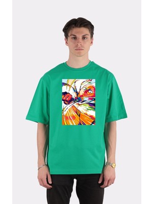 Green Mint Yeşil  Pamuk Bisiklet Yaka Oversize T-Shirt Zoro Samurai Wano Kuni Arc