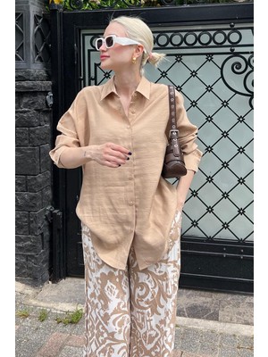 Madmext Kadın Bej Oversize Gömlek Uzun Kollu %88 Viskoz Klasik Düz Desen MG2003