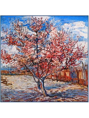 Bursa İpek Mavi Şeftali Ağacı Desen Ipek Mendil