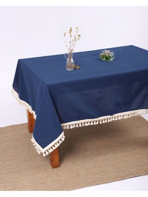 NDC Home Premium Keten Lacivert Ponponlu Masa Örtüsü