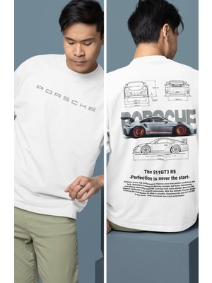 Fuddy Moda Oversize Grey Porsche 911 Gt3 Rs Srt Sırt Baskılı Tişört, Erkek-Kadın Araba Temalı Couple T-Shirt