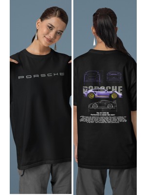 Unisex Mor Porsche 911 Sırt Baskılı Çift T-Shirt, Oversize Yarış Araba Temalı Tişört