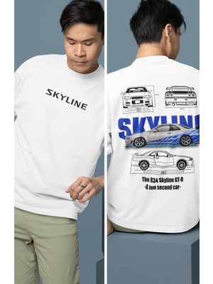 Fuddy Moda Oversize Mavi Gtr 34 Nissan Skyline Sırt Baskılı Tişört, Erkek-Kadın Araba Temalı Couple T-Shirt