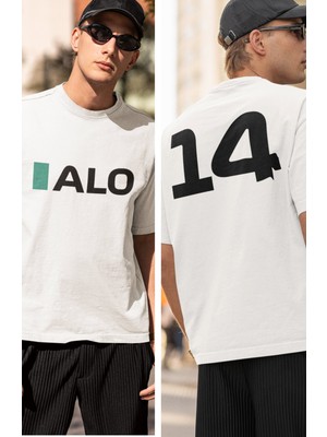 Fuddy Moda Unisex Oversize Fernando Alonso 14 Yazılı Tshirt, Formula 1 Sırt Baskılı Tişört