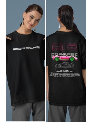 Fuddy Moda Unisex Pembe Porsche The 911 Gt3 Rs Sırt Baskılı Çift T-Shirt, Oversize Yarış Araba Temalı Tişört