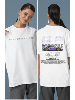 Fuddy Moda Unisex Mor Porsche 911 Sırt Baskılı Çift T-Shirt, Oversize Yarış Araba Temalı Tişört