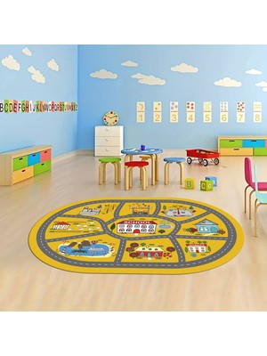 Napoli Home Dijital Baskılı Kaymaz Yıkanabilir Eğlenceli Eğitici Oval Çocuk Odası Halısı, N-O-Çocuk-02-Sarı,
