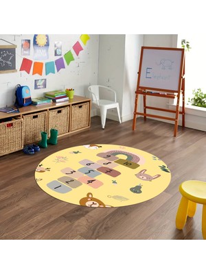 Napoli Home Dijital Baskılı Kaymaz Yıkanabilir Eğlenceli Yuvarlak Çocuk Odası Halısı, N-Y-Çocuk-29-Sarı,