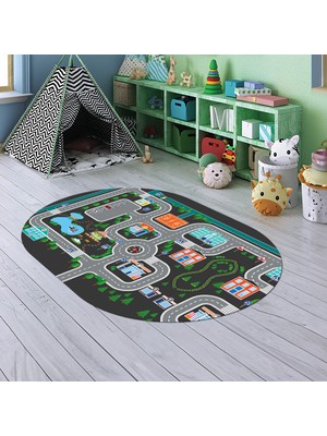 Napoli Home Dijital Baskılı Kaymaz Yıkanabilir Eğlenceli Eğitici Oval Çocuk Odası Halısı, N-O-Çocuk-47-Antrasit,