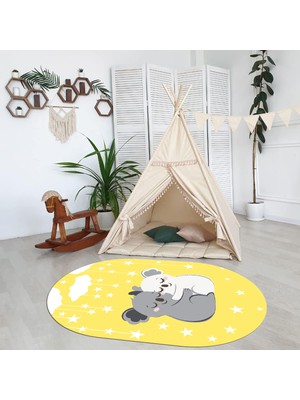 Napoli Home Dijital Baskılı Kaymaz Yıkanabilir Eğlenceli Eğitici Oval Çocuk Odası Halısı, N-O-Çocuk-22-Sarı,