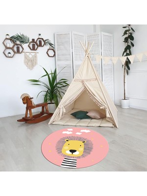 Napoli Home Dijital Baskılı Kaymaz Yıkanabilir Eğlenceli Yuvarlak Çocuk Odası Halısı, N-Y-Çocuk-25-Pembe,