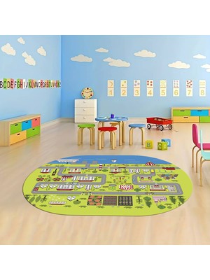 Napoli Home Dijital Baskılı Kaymaz Yıkanabilir Eğlenceli Eğitici Oval Çocuk Odası Halısı, N-O-Çocuk-07-Yeşil,