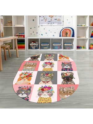 Napoli Home Dijital Baskılı Kaymaz Yıkanabilir Eğlenceli Eğitici Oval Çocuk Odası Halısı, N-O-Çocuk-11-Pembe,