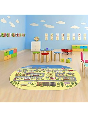 Napoli Home Dijital Baskılı Kaymaz Yıkanabilir Eğlenceli Eğitici Oval Çocuk Odası Halısı, N-O-Çocuk-07-Sarı,