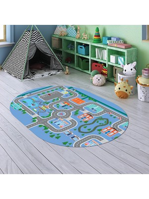 Napoli Home Dijital Baskılı Kaymaz Yıkanabilir Eğlenceli Eğitici Oval Çocuk Odası Halısı, N-O-Çocuk-47-Mavi,