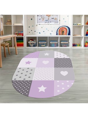 Napoli Home Dijital Baskılı Kaymaz Yıkanabilir Eğlenceli Eğitici Oval Çocuk Odası Halısı, N-O-Çocuk-10-Mor,