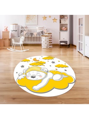 Napoli Home Dijital Baskılı Kaymaz Yıkanabilir Eğlenceli Yuvarlak Çocuk Odası Halısı, N-Y-Çocuk-34-Sarı,