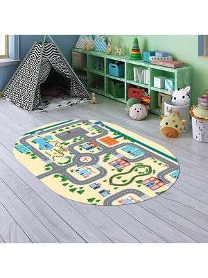 Napoli Home Dijital Baskılı Kaymaz Yıkanabilir Eğlenceli Eğitici Oval Çocuk Odası Halısı, N-O-Çocuk-47-Krem,