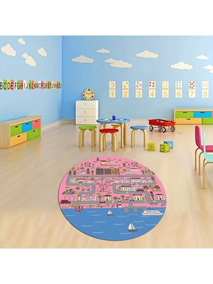 Napoli Home Dijital Baskılı Kaymaz Yıkanabilir Eğlenceli Yuvarlak Çocuk Odası Halısı, N-Y-Çocuk-07-Pembe,