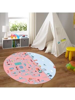 Napoli Home Dijital Baskılı Kaymaz Yıkanabilir Eğlenceli Yuvarlak Çocuk Odası Halısı, N-Y-Çocuk-19-Pembe,