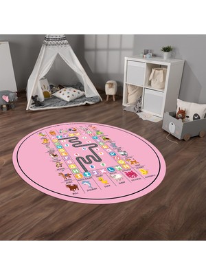 Napoli Home Dijital Baskılı Kaymaz Yıkanabilir Eğlenceli Yuvarlak Çocuk Odası Halısı, N-Y-Çocuk-44-Pembe,