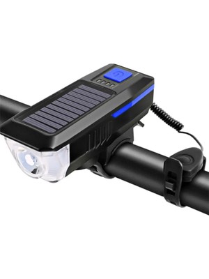 Techtic Güneş Enerejili Bisiklet Feneri Korna Su Geçirmez Solar Scooter Işık Şarj Edilebilir Ön Far (Mavi)