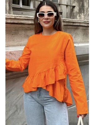 New Laviva Kadın Turuncu Önü Fırfırlı, Yuvarlak Yaka, Arkası Uzun Pamuklu Salaş Bluz
