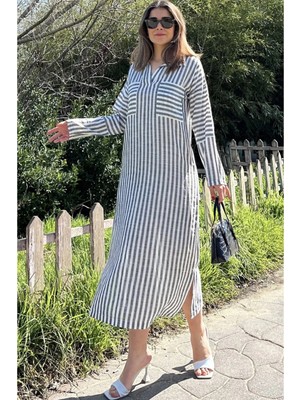 New Laviva Kadın Antrasit Çizgili Polo Yaka Yırtmaçlı Çift Cepli Salaş Keten Elbise