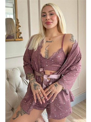 Pijama Evi Koyu Pembe Mini Stars Desenli Bambu Crop Sabahlıklı Şortlu Kadın Pijama Takımı