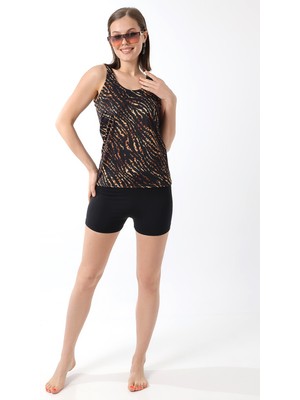 Aykum Tankini Leopar Desenli Şortlu Kadın Şortu Astarlı Esnek Mikrolu Kumaş