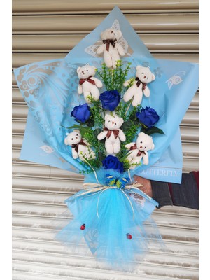 Ayıcık Çiçek Buketi 6 Adet Peluş Ayı 4 Adet Kadife Gül Işıklı Hediyelik Büyük Boy