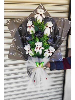Baby Home Flowers Ayıcık Çiçek Buketi 6 Adet Peluş Ayı 4 Adet Kadife Gül Işıklı Hediyelik Büyük Boy