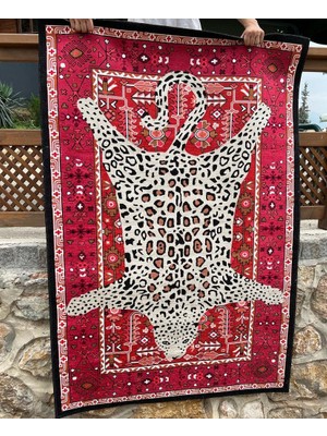 Therug Kırmızı Leopar Desenli Yıkanabilir Kaymaz Frame Taban Dokuma Kilim