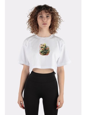 Green Mint Beyaz  Pamuk Bisiklet Yaka Crop T-Shirt Zoro - One Piece
