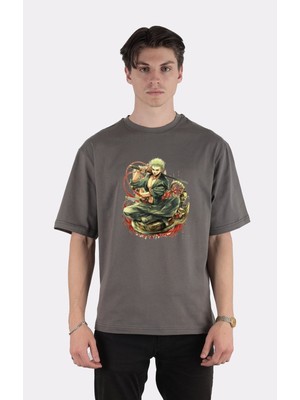 Green Mint Füme  Pamuk Bisiklet Yaka Oversize T-Shirt Zoro - One Piece