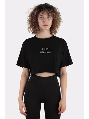 Green Mint Siyah  Pamuk Bisiklet Yaka Crop T-Shirt Believe In Local MUSIC_EM1136