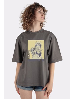 Green Mint Füme  Pamuk Bisiklet Yaka Oversize T-Shirt Naruto