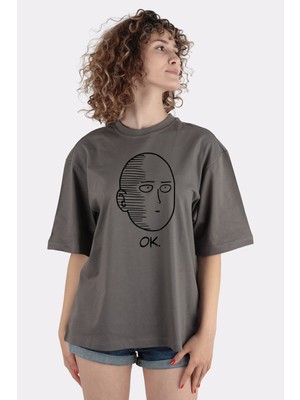 Green Mint Füme  Pamuk Bisiklet Yaka Oversize T-Shirt One Punch Man Ok Face
