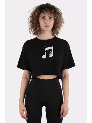 Green Mint Siyah  Pamuk Bisiklet Yaka Crop T-Shirt Cello - MUSIC_EM1182