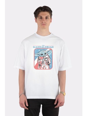 Green Mint  Beyaz Oversize T-Shirt The Mandalorian Stars And Stripes Grogu