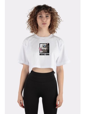 Green Mint Beyaz  Pamuk Bisiklet Yaka Crop T-Shirt Inosuke Sama