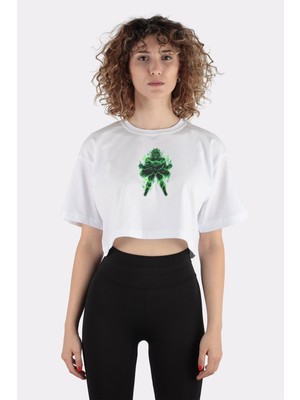 Green Mint Beyaz  Pamuk Bisiklet Yaka Crop T-Shirt The Legendary Saiyan Broly