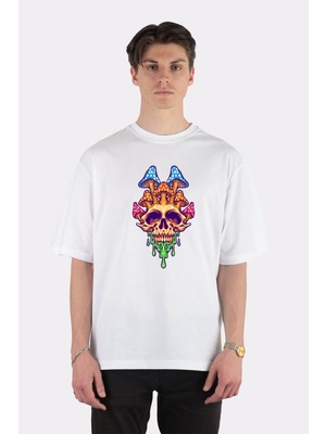 Green Mint  Beyaz Oversize T-Shirt Creepy Skull Head Mushrooms