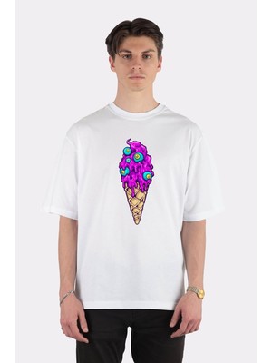 Green Mint  Beyaz Oversize T-Shirt Scary Cute Ice Cream Cone