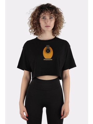 Green Mint Siyah  Pamuk Bisiklet Yaka Crop T-Shirt Classical GUITAR_EM1199