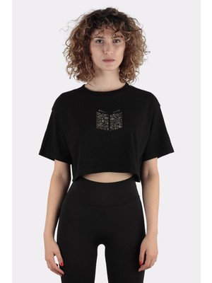 Green Mint Siyah  Pamuk Bisiklet Yaka Crop T-Shirt Book MUSIC_EM1157