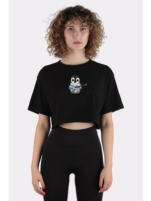 Green Mint Siyah  Pamuk Bisiklet Yaka Crop T-Shirt Baby Penguin Playing Scottish Flag GUITAR_EM1107