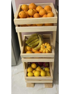 Ela Wood Working Doğal Ahşap 3 Katlı Sebzelik Meyvelik